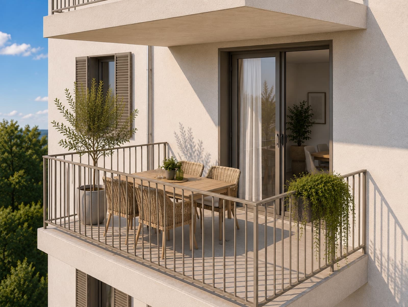 Balkon nach Süden mit Esstisch und Blick ins Grüne