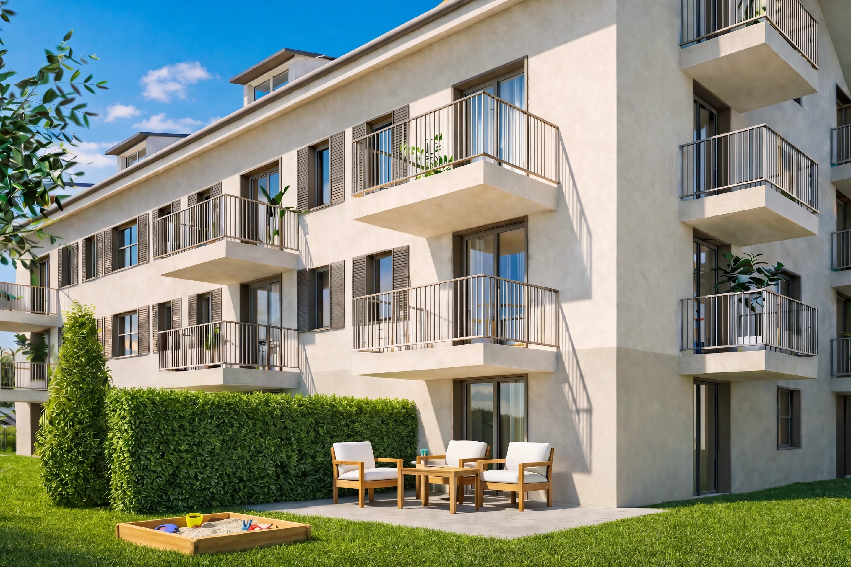 Südfassade mit Gartensitzplatz, Hecke und Balkonen über drei Geschosse
