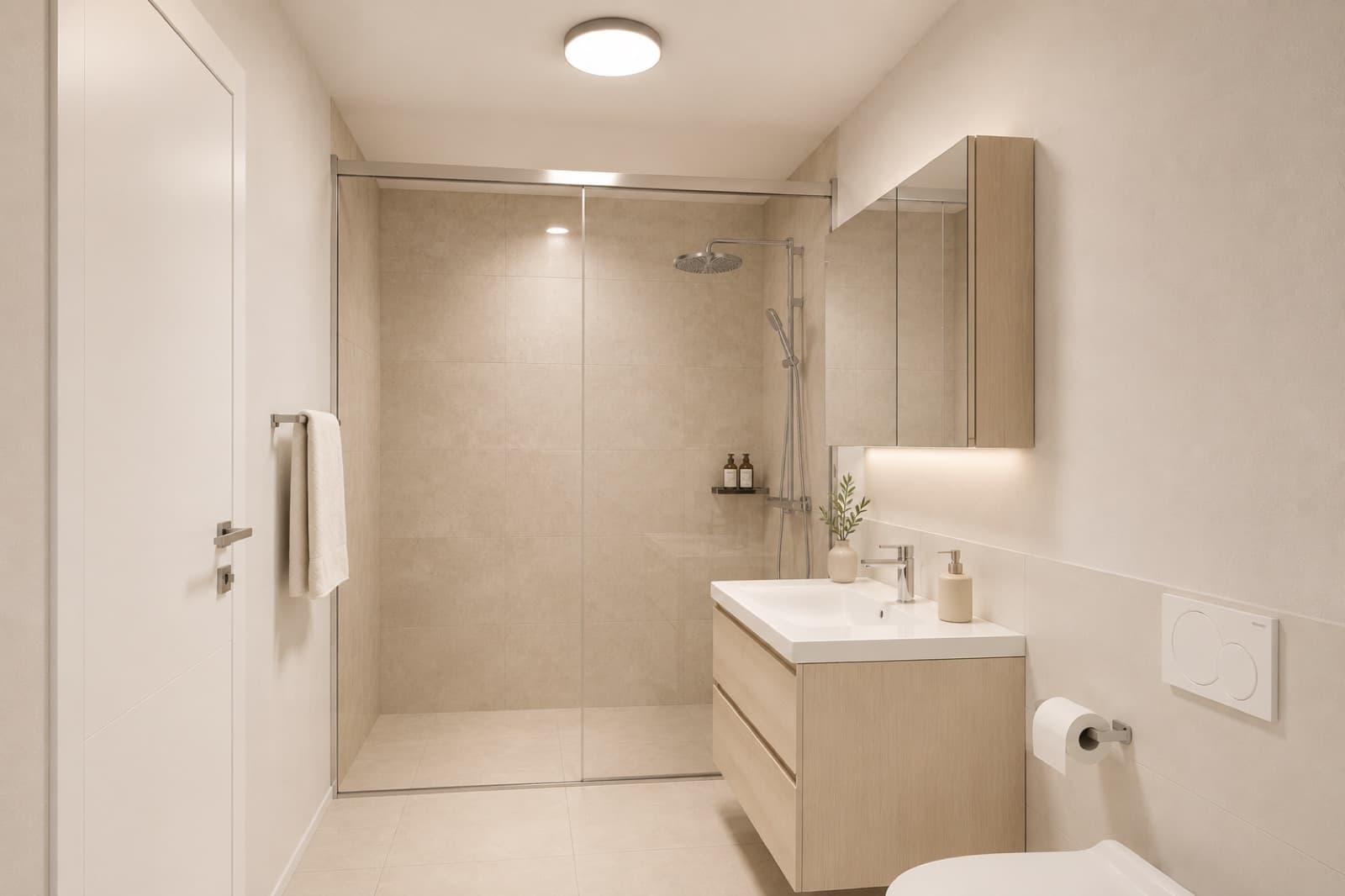 Badezimmer im Regelgeschoss mit Badewanne und begehbarer Dusche