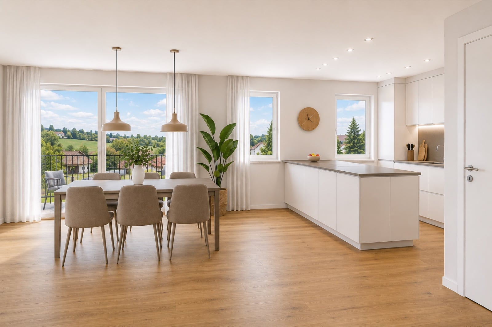 Wohn- und Essbereich einer 5.5-Zimmer-Wohnung mit Kücheninsel